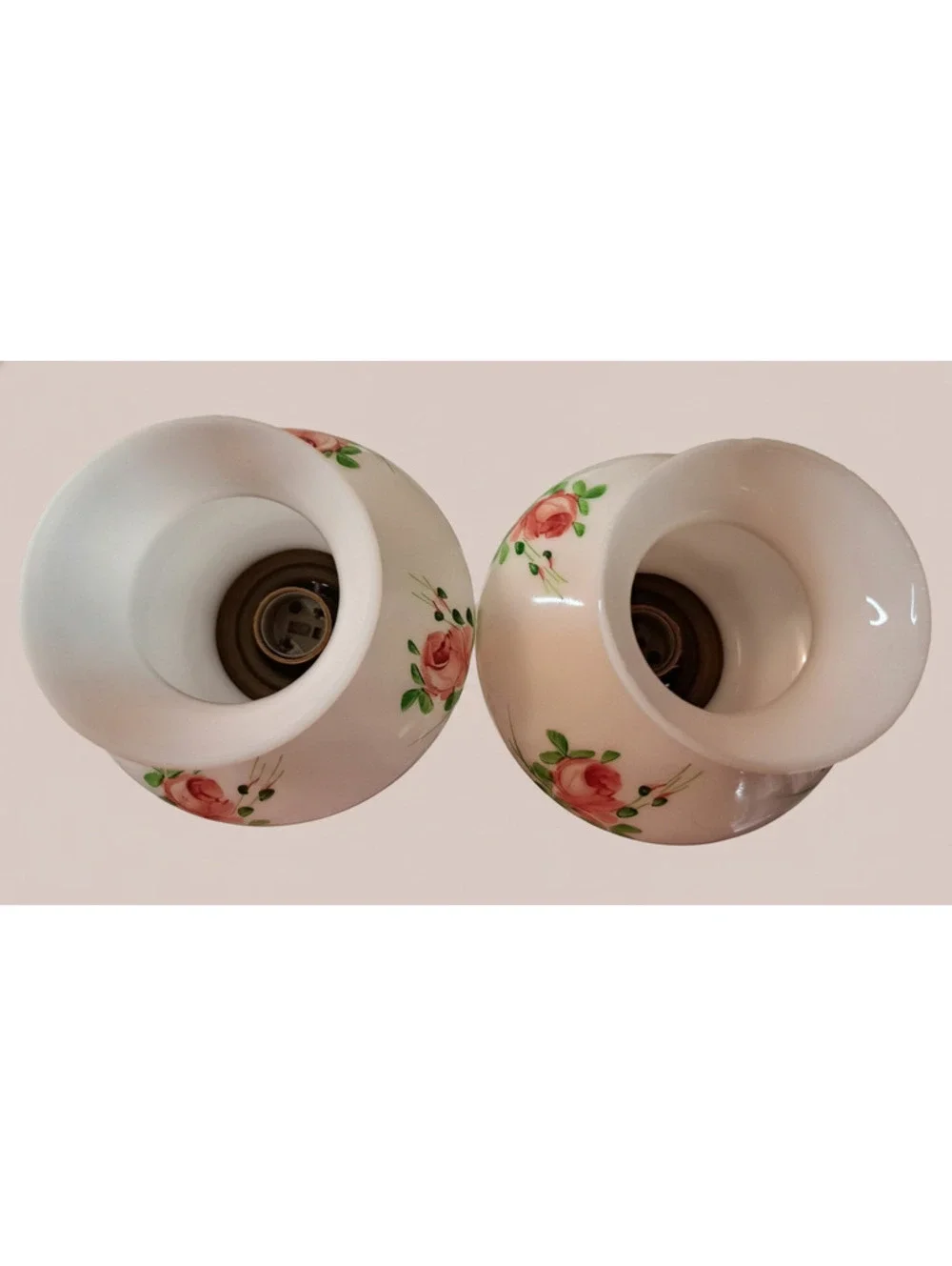 Set of Vintage Milk Glass/Brass/Marble Base Hand Painted Lamps
